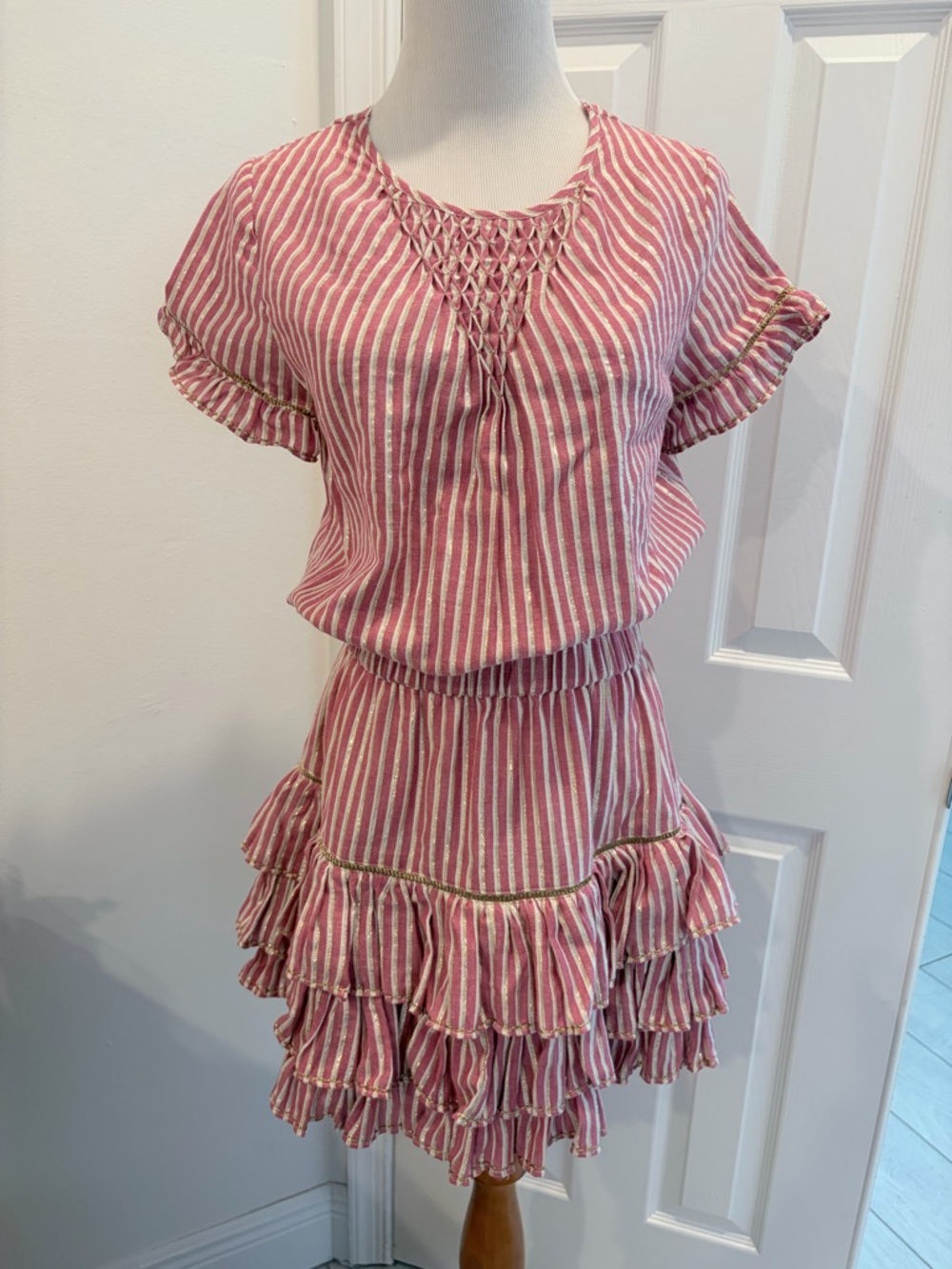 Misa Los Angeles Pink & White Striped Tiered Ruffle Mini Dress